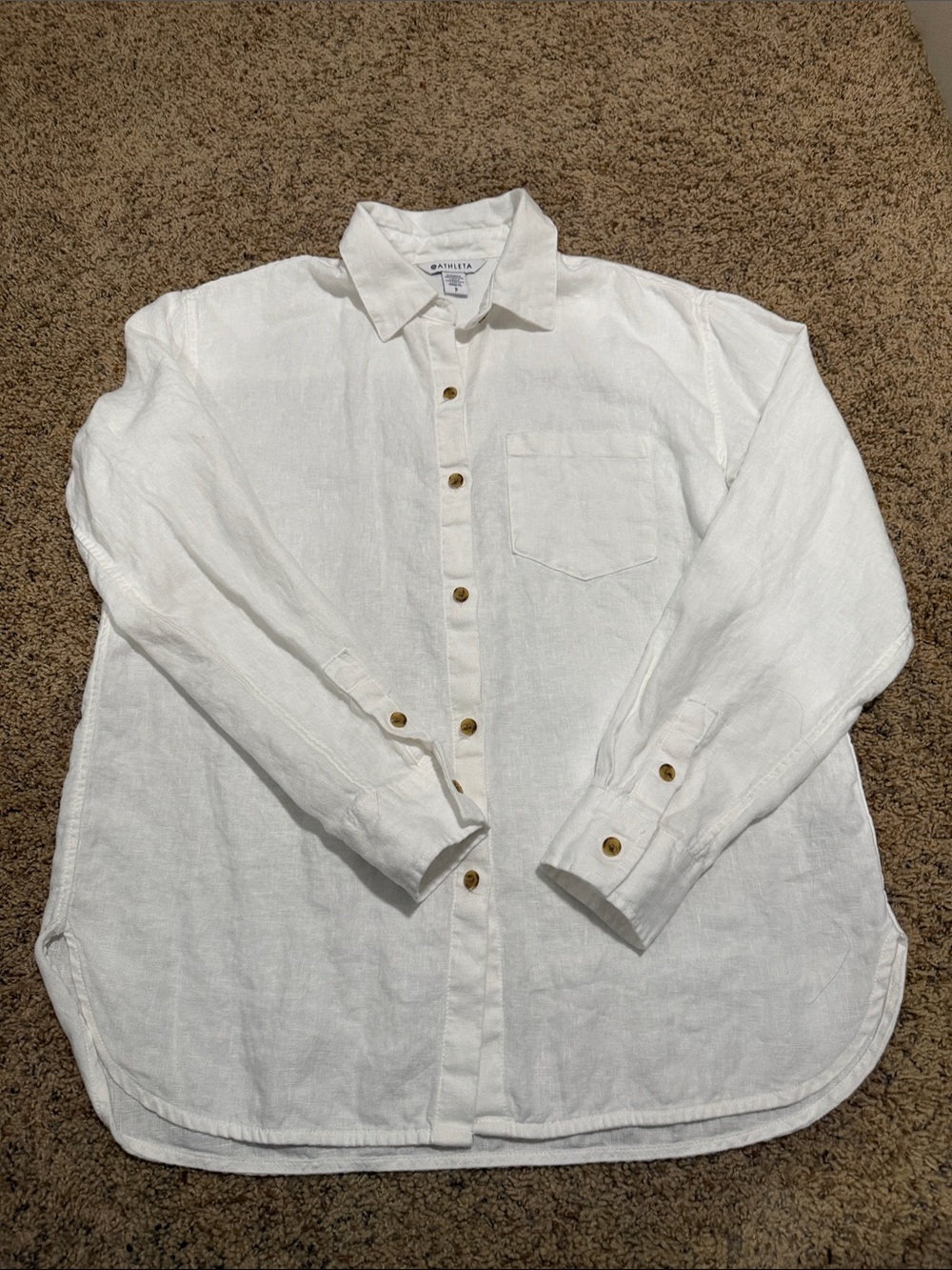 Athleta White Retreat Linen Button-Front Shirt